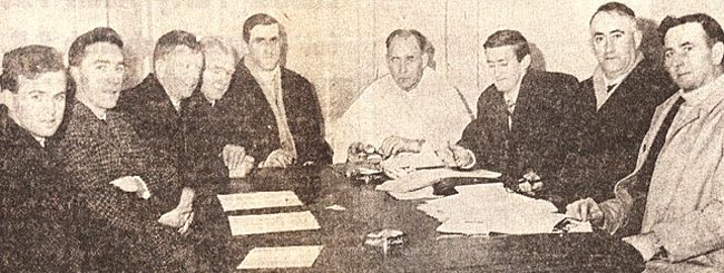 Founding members of Tralee Credit Union Ltd Study Group: left to right: Denis Foley, Sean Moriarty, Tommy Quinlan, Paddy Dillane, Geoffrey O’Donoghue, Rev C.D. O’Riordan, Prior Holy Cross, Lauri Healy, John Malone, John Ryan. Missing from the photo Tony Meade. 